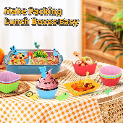 Axlksia 80 Pcs Silicone Lunch Box Dividers Set, Reusable Cupcake Liners for Baking, Colorful Lunch Bento Box Accessories with Cute Animal Food Picks (20 Cupcake Liners + 60 Animal Picks)