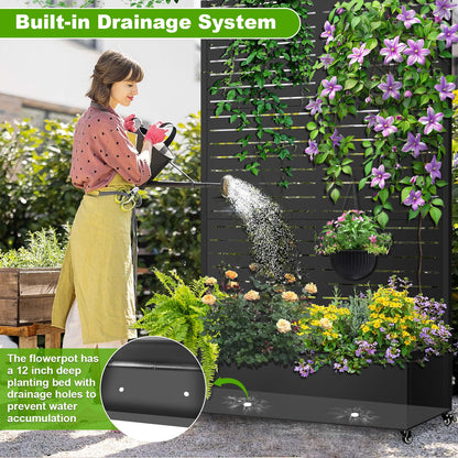 Meyoppm 72"x47"x16" Metal Planter Box with Trellis, Galvanized Steel Raised Garden Bed with Lockable Casters & Drainage Holes, Outdoor Large Planter Box for Climbing Plants, Vegetables & Flowers