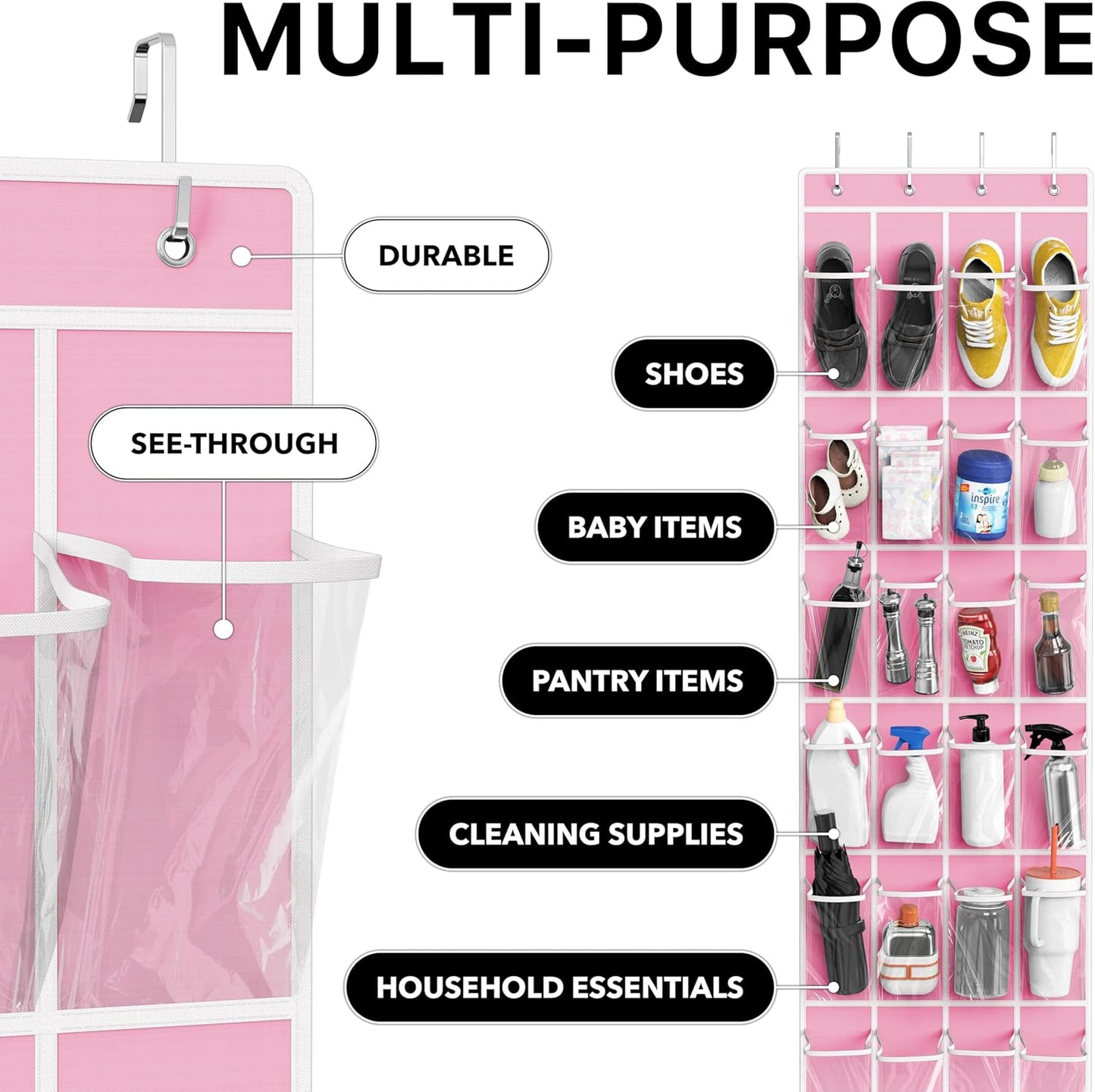 24 (64'' 19'') Simple Houseware Pockets - Crystal Clear Over The Door Hanging Shoe Organizer, Pink x