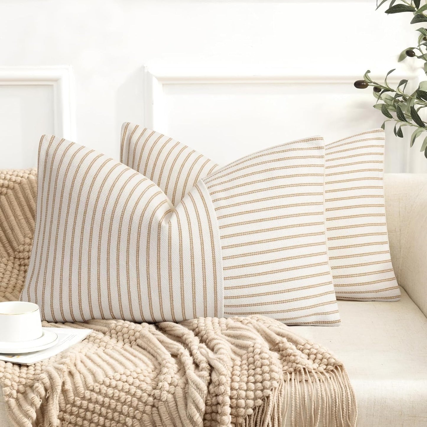 12x20, Set 2, YCOLL Farmhouse Pillow Covers Modern Accent Lumbar Throw Pillow Covers of Khaki and Beige Striped