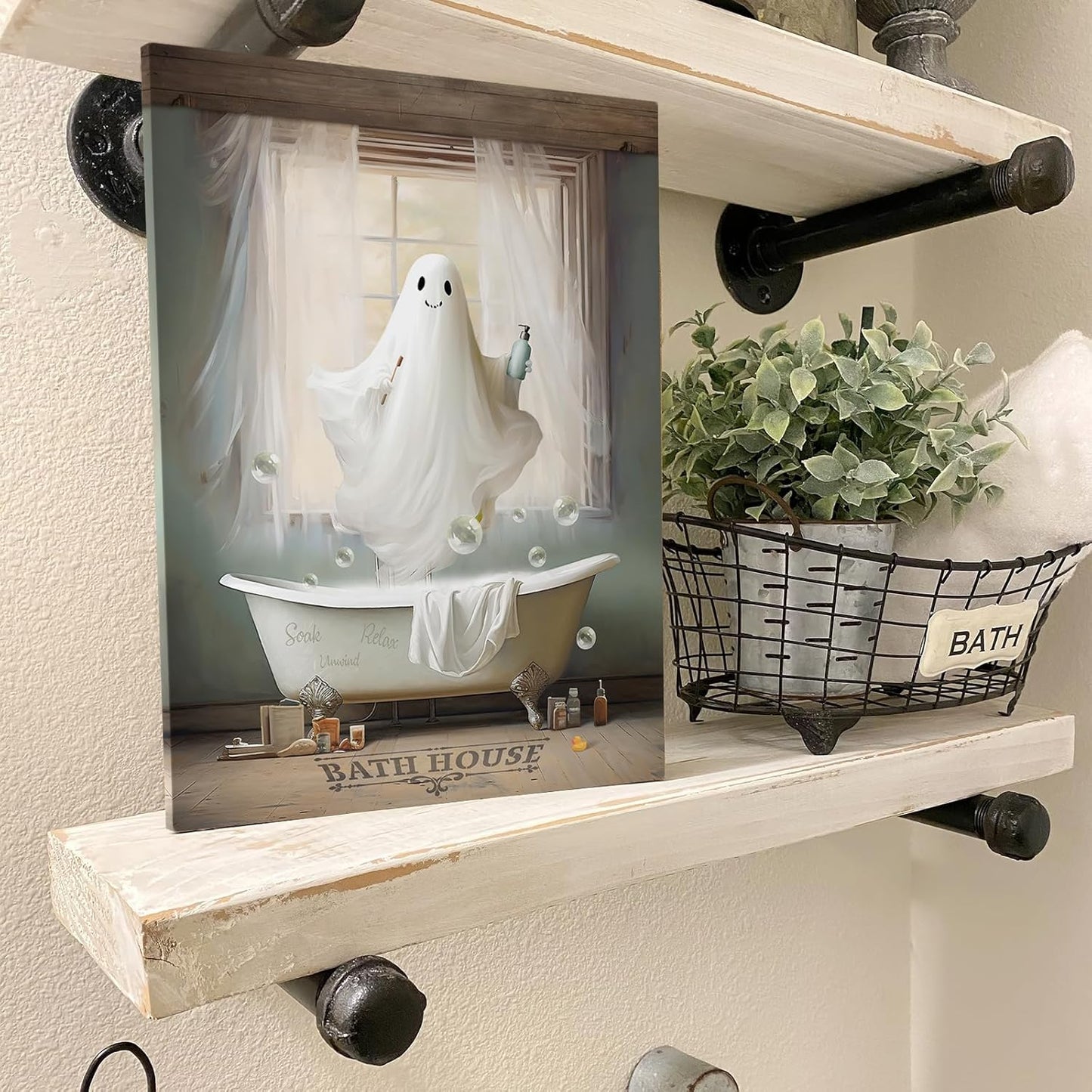 Funny Ghost Bathroom Canvas Wall Art - White Ghost Picture for Farmhouse Bathroom Decor, Framed 12"x16"