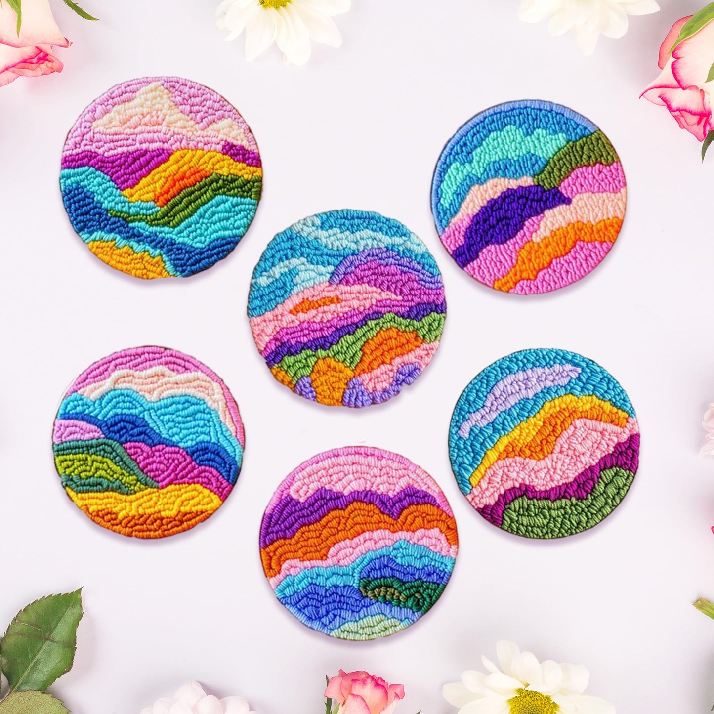 Starter Needle Coasters Kit, Punch Needle Embroidery DIY Set for Beginners Adults, Easy Coasters Kit with Adhesive Felt, Yarns, Embroidery Hoop (Colorful Mountain)