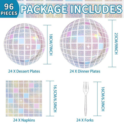 96Pcs Disco Party Supplies Pink Pastel Silver Disco Ball Plates and Napkins Sets Rainbow Iridescent Birthday Decorations for Dancing Queen 17th Wedding Sprinkle Bachelorette 70s Disco Party Serves 24