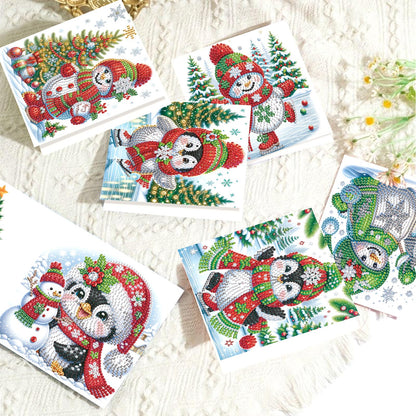 MVVMTOP 8pcs Christmas Diamond Painting Greeting Cards Christmas snowman & penguin, for Blessings and Wishes, Special Shape Crystal Partial Mosaic Making Craft, Paper Material, DIY Gifts for Holiday