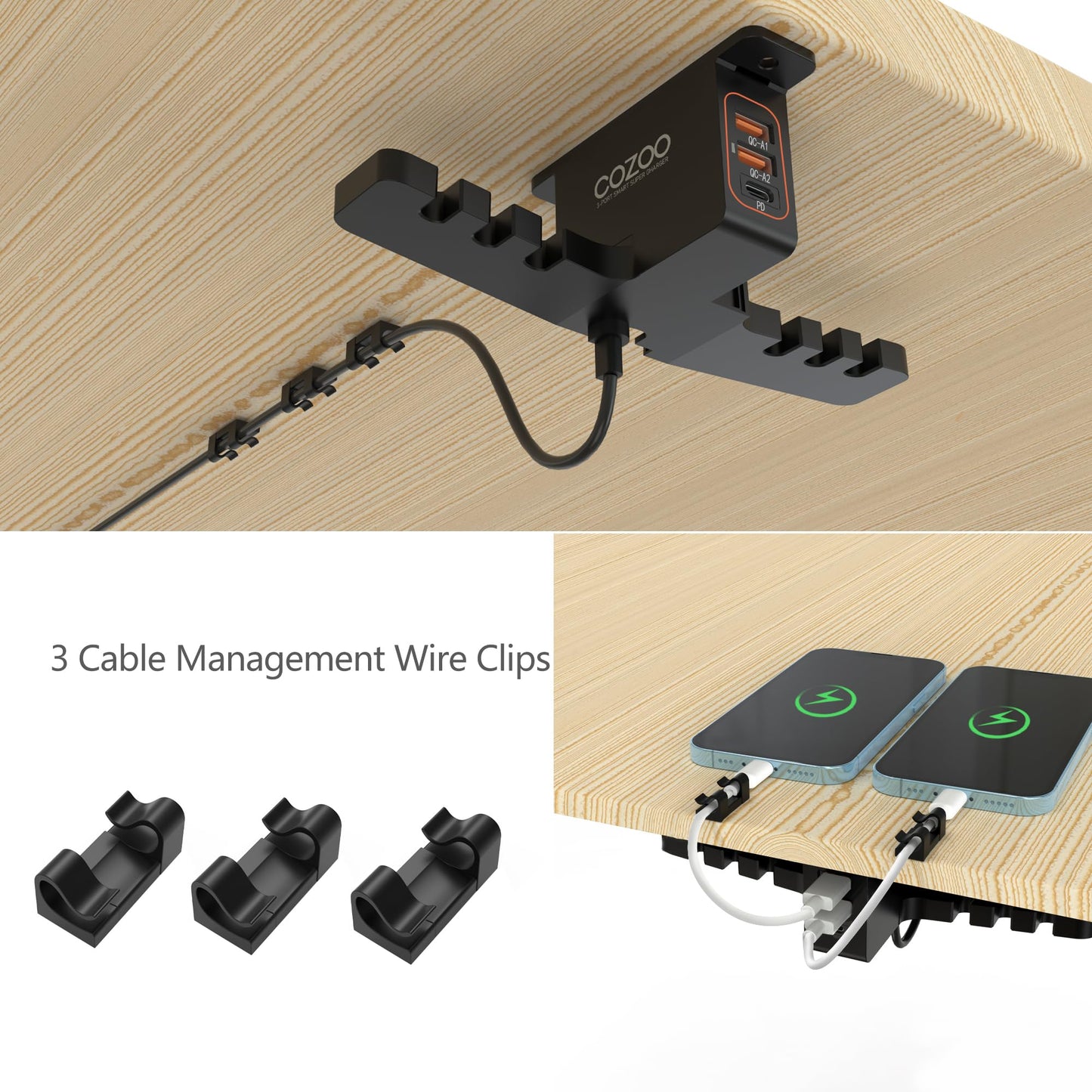 COZOO Headphone Stand with USB Charger Under Desk Headset Holder Mount with 3 Port USB Charging Station (20W PD & QC3.0) and iWatch Stand Smart Watch Charging Dock Dual Earphone Hanger Hook,UL Tested