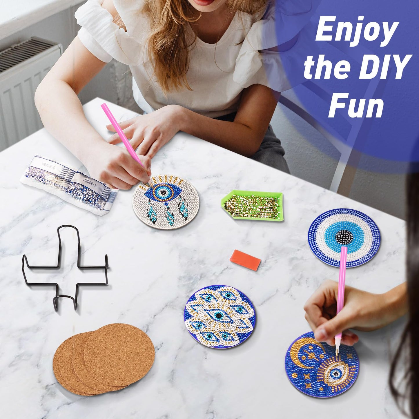 Cheriswelry 8Pcs Evil Eye Diamond Painting Coasters Set Bohemia Style Art Painting Coasters with Holder 5D DIY Diamond Painting Drink Mat Kits for Beginners Adults Kids DIY Coasters