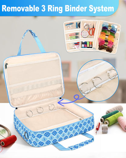 Telawsfun Sewing Supply Storage Bag with Removable Binder, Large Capacity Sewing Organizer Tote With Multi Pocket for Threads, Needles, Scissors, Craft Supplies(Blue Floral)