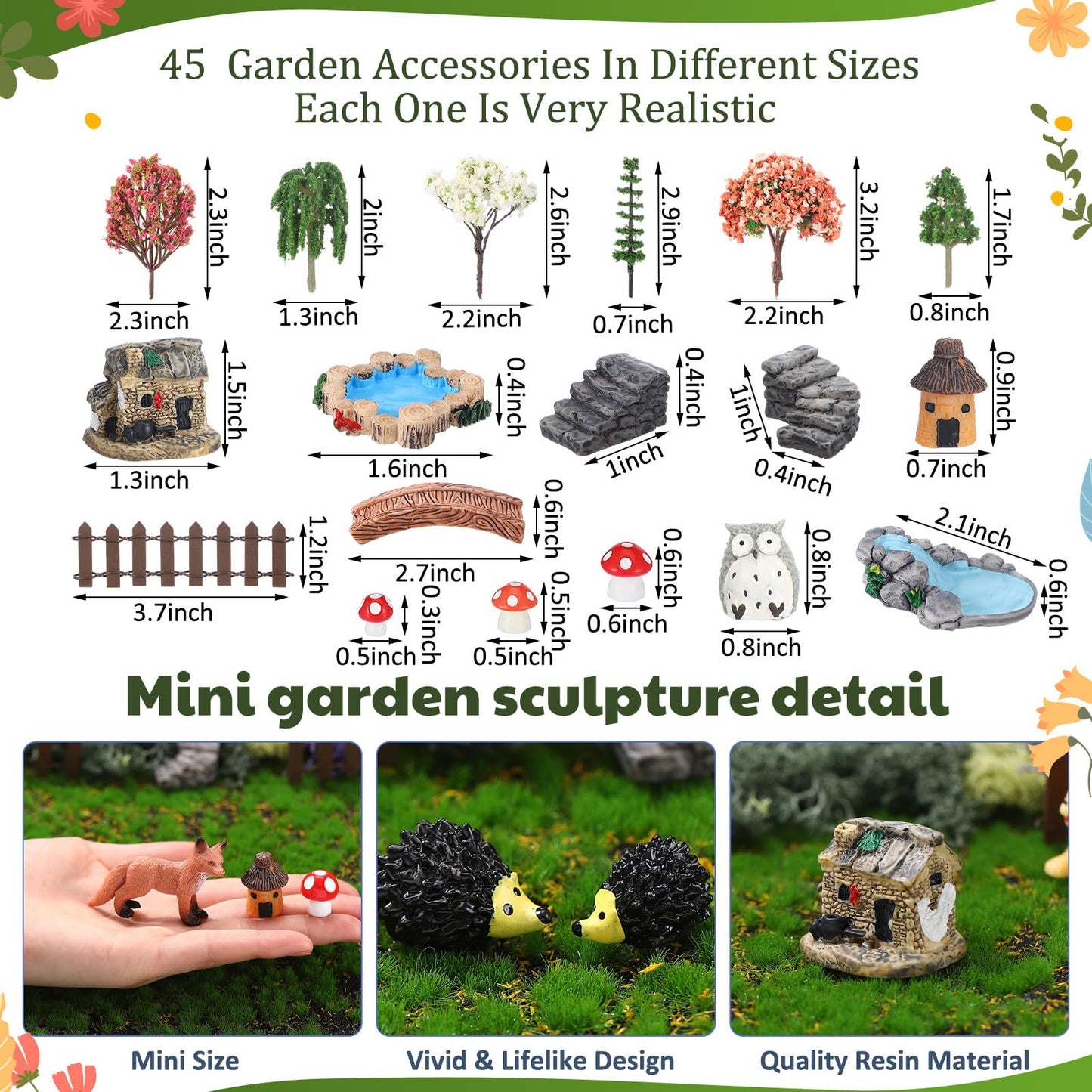 Chunful 45 Pcs Fairy Garden Accessories Miniature Garden Figurines Tiny Resin Animals Forest Kit Pool Bridge Fence Pond Mushroom for Dollhouse Potted Plant Bonsai Terrarium Decor