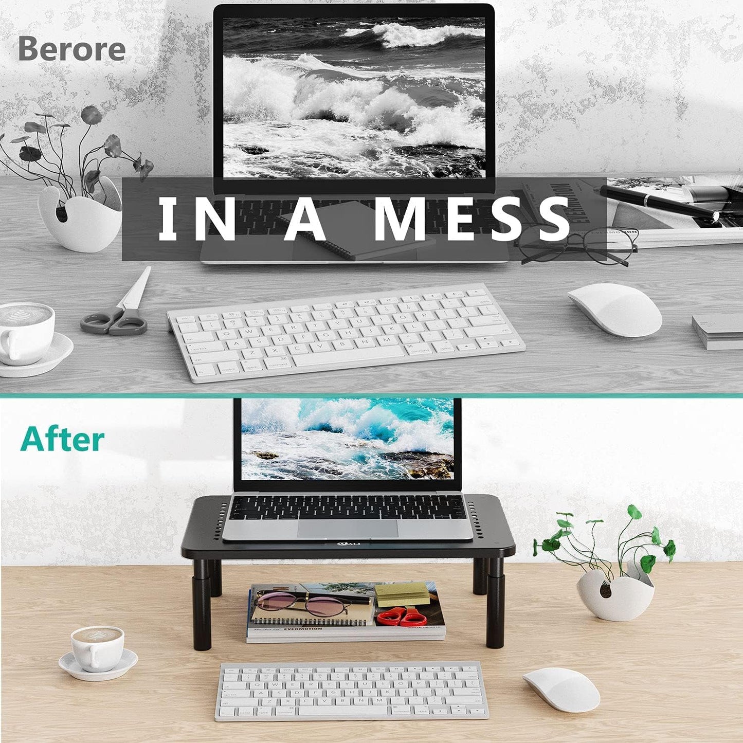 WALI Dual Monitor Stand for Desk, Desk Monitor Riser 3 Height Adjustable, Laptop Riser with Airflow Vents, Desk Organizer for Computer, Laptop, Printer, Notebook (STT003-2), 2 Pack, Black
