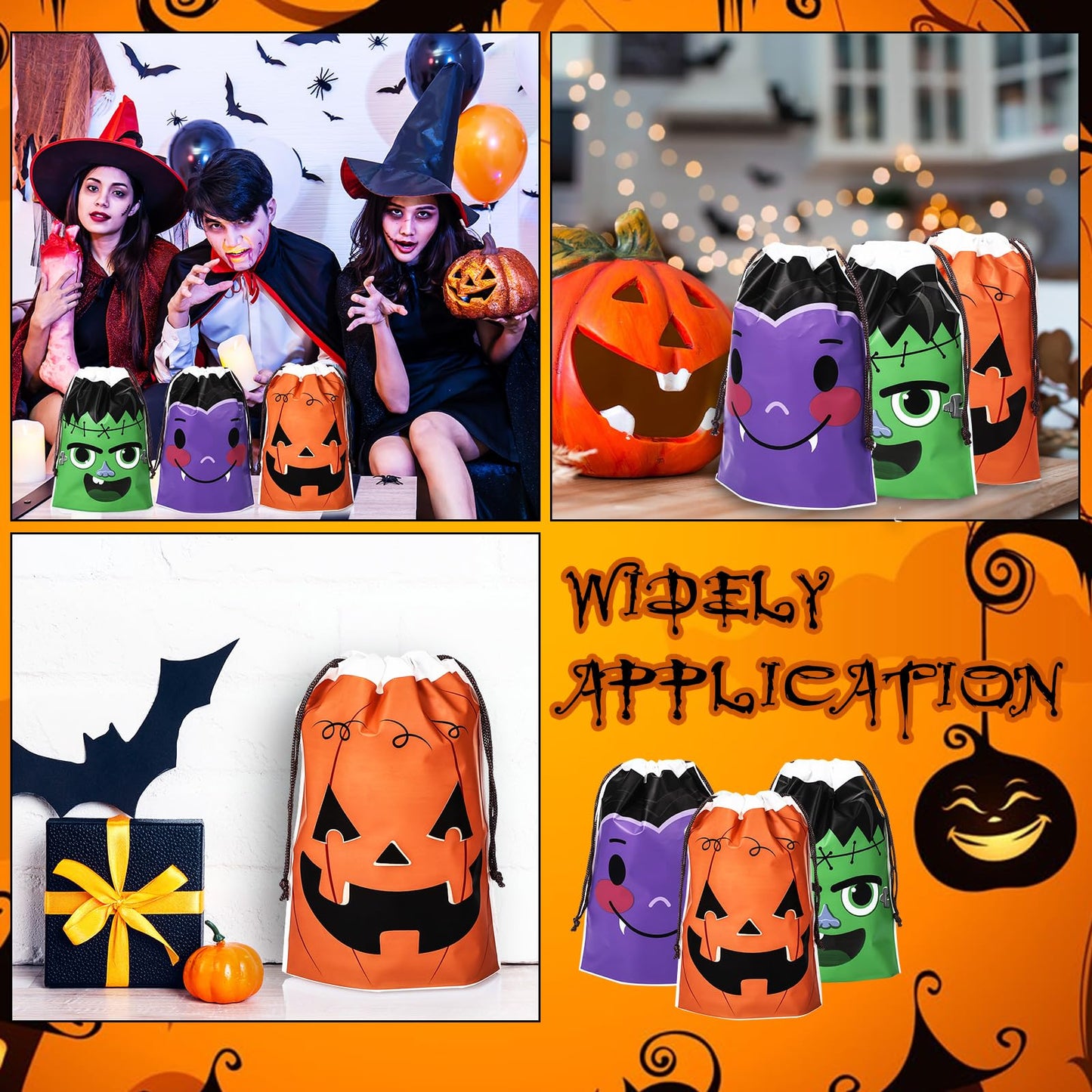 Wonderjune 75 Pcs Halloween Drawstring Treat Bags Halloween Plastic Candy Goodie Treat Sack Gift Bags for Boys Girls Birthday Holiday Theme Party Favors Supplies