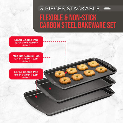 Bakken Swiss Cookie Sheet 3 Piece Set, Non-Stick Stackable Baking Pans with Gray Deluxe Ceramic Coating, Dishwasher Safe