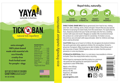 Yaya Organics All Natural Extra Strength Tick Repellent DEET Free - 16 Ounce Spray Bottle