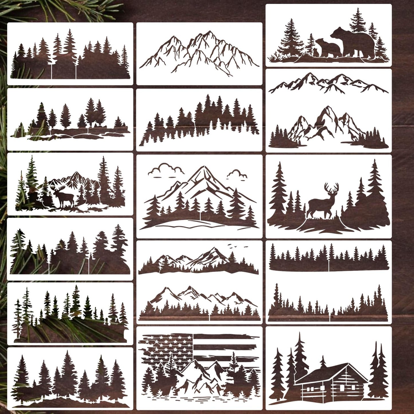Zosylley Pine Tree & Mountain Animal Stencils for Wood Burning, Painting & Decorating, 16pcs Reusable & Washable PET Plastic, 12x8 & 12x6 Inch