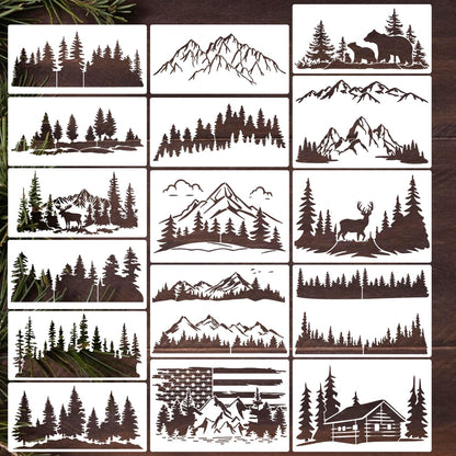 Zosylley Pine Tree & Mountain Animal Stencils for Wood Burning, Painting & Decorating, 16pcs Reusable & Washable PET Plastic, 12x8 & 12x6 Inch