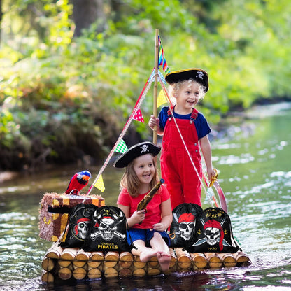 Kacctyen 24 Pcs Pirate Party Favor Goody Candy Treat Bags Halloween Pirate Captain Skull Gift Drawstring Bags for Boys Girls Adventure Themed Birthday Party Supplies Decoration(16 Pieces)