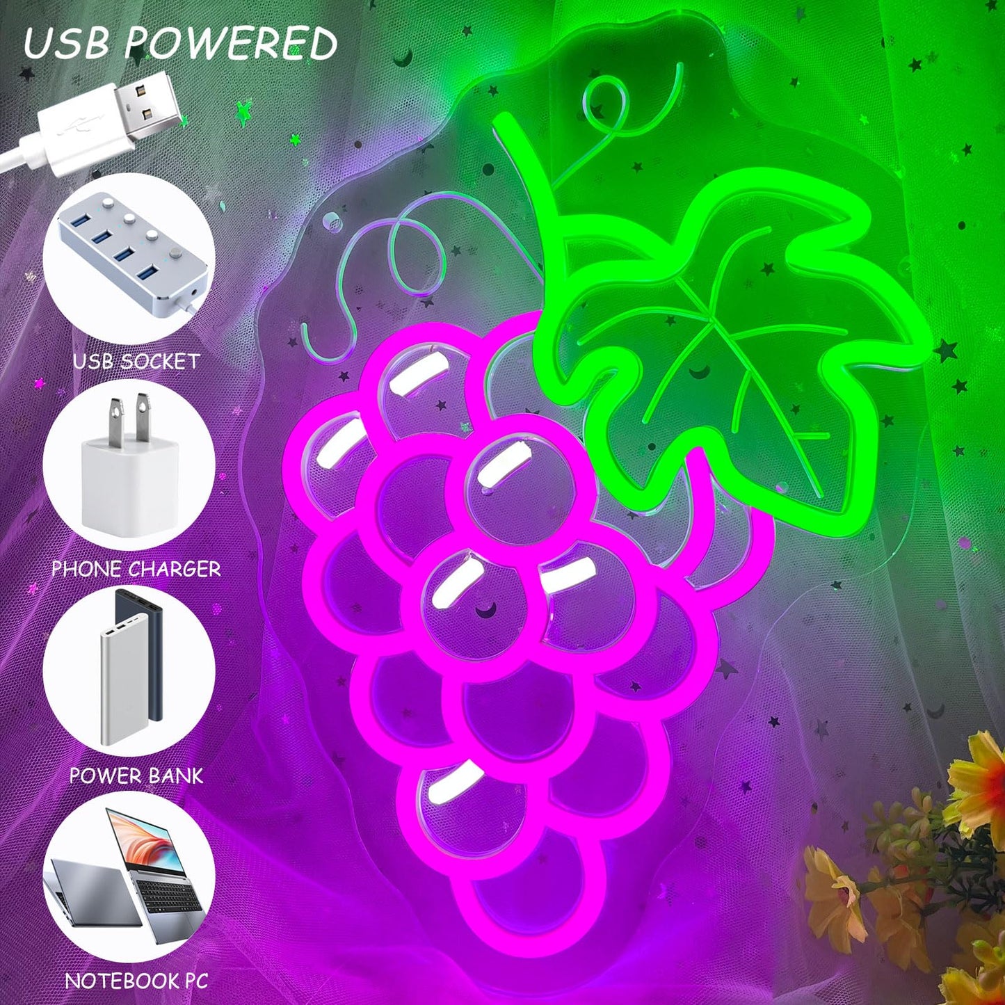 Grapes Neon Sign for Wall Decor, Dimmable Purple Grape Fruit Neon Lights, Vibrant Fruit Themed Neon LED Signs for Kids Room, Bedroom, Restaurant, Bar, Club, Fruit Shop, Birthday Party