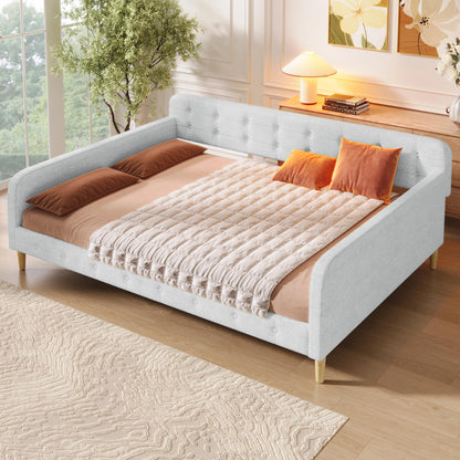 GDFStudio Queen Size Upholstered Daybed with Linen, Solid Pine Wood + MDF Frame, Foam-Filled Backrest, 4 Support Legs, No Box Spring Needed, Sturdy Queen Sofa Bed for Living Room or Guest Room, Beige