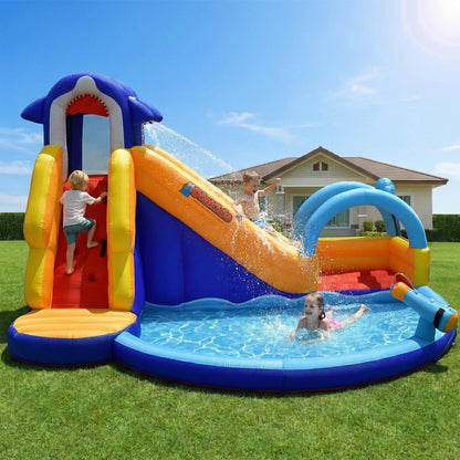 OLAKIDS Inflatable Water Slides, 14FT x 10FT x 8.5FT Shark Theme Bouncy House with Slide, Splash Pool, Climbing Wall, Water Gun, Outdoor Jumping Castle with Hose Carry Bag Stakes