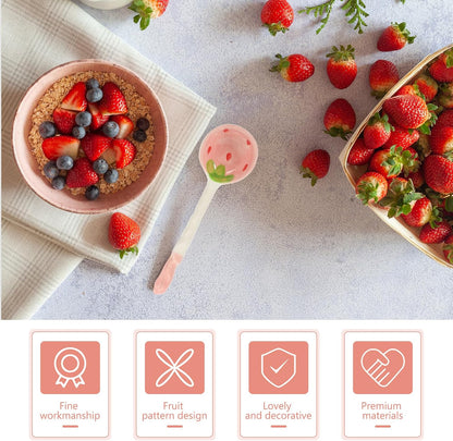 Housoutil 2PCS Strawberry Spoons, Cute Ceramic Soup Spoons, Long Handle for Breakfast, Cereal, Rice