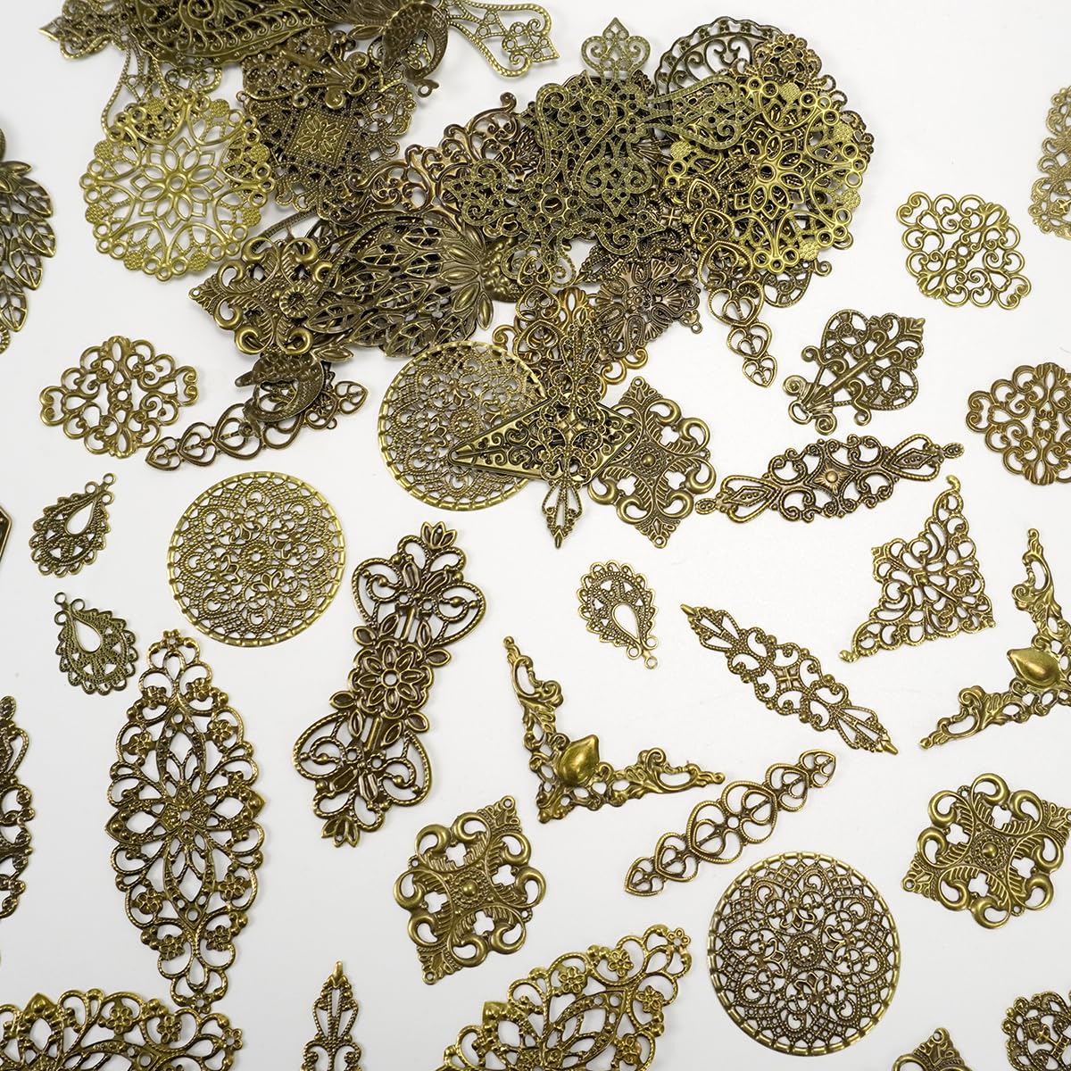 Mililanyo 120 Pieces Antique Bronze Filigree Charms Mixed Tibetan Metal Pendant Links Iron On for Jewelry Making Choker Earring DIY Accessories