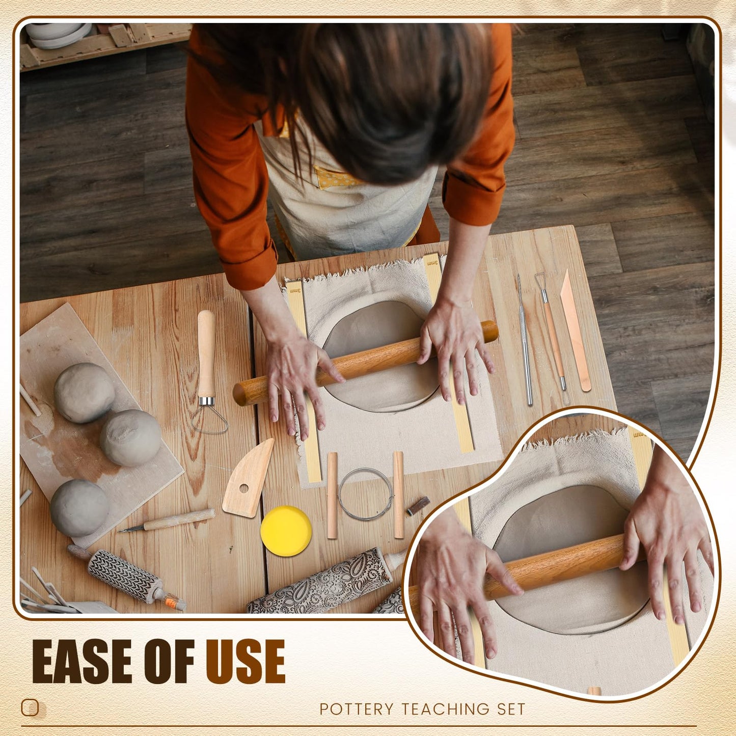 Baderke 20 Pcs Pottery Teaching Set, Includes 1 Wooden Rolling Pin, 10 Pottery Teaching Rolling Mud Stick Guide, 8 Clay Sculpting Tools, 1 Special Linen for Ceramic Clay Making