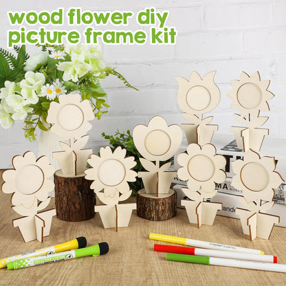 8Pcs Flower Spring Wood Crafts to Paint, Wooden Flowers Picture Frame for Craft, 3D Unfinished Spring Picture Frame Craft for Painting, DIY Mother’s Day Gifts Flower Cutouts for Painting Decorations