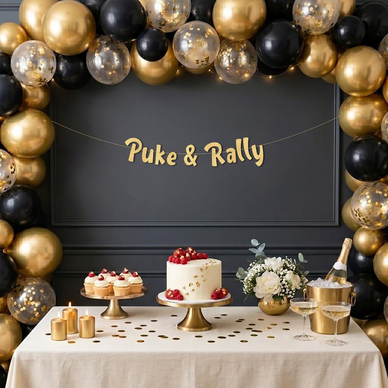 Pre-Strung Puke & Rally Gold Glitter Banner - Funny Bachelorette Party Decorations for Her - Party Supplies, Favors and Gifts