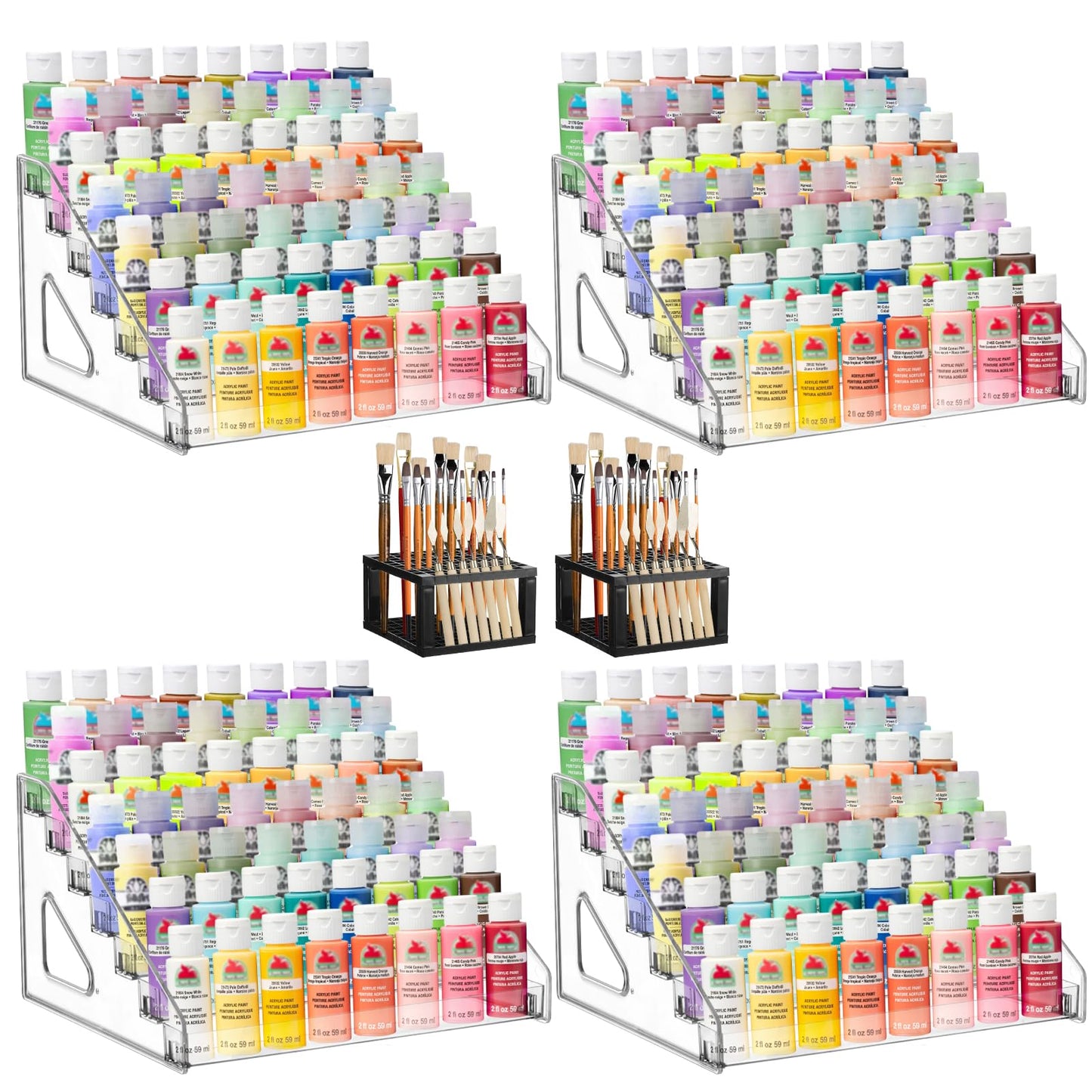 YEXEXINM 4 Pcs Clear Paint Organizer With 2 Pcs Paint Brush Holder,7 Layers Acrylic Paints Organizer Storage Rack,Craft Paints Organizers Rack