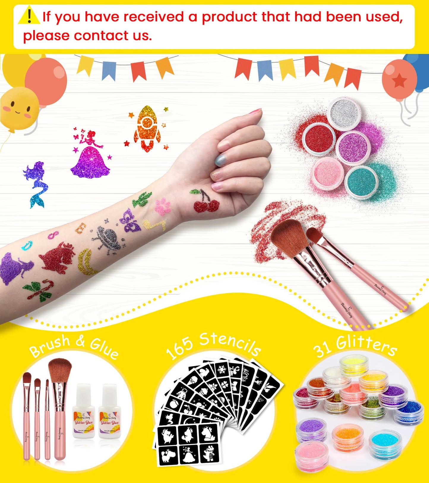 Temporary Glitter Tattoo Kids, Eleanore's Diary 31 Glitter Colors,165 Unique Stencils,2 Glue,4 Brushes,Adults & Kids Arts Glitter Make Up Kit, Gifts for Girls Boys Birthday Party Summer Festival
