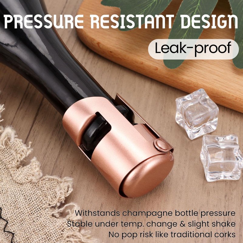 Champagne Stoppers Stainless Steel, Prosecco Sparkling Wine Bottle Stopper with Silicone Sealing Plug, Leak proof Keep Fresh Reusable Champagne Cork & Saver (Rosegold, 2 Pack)