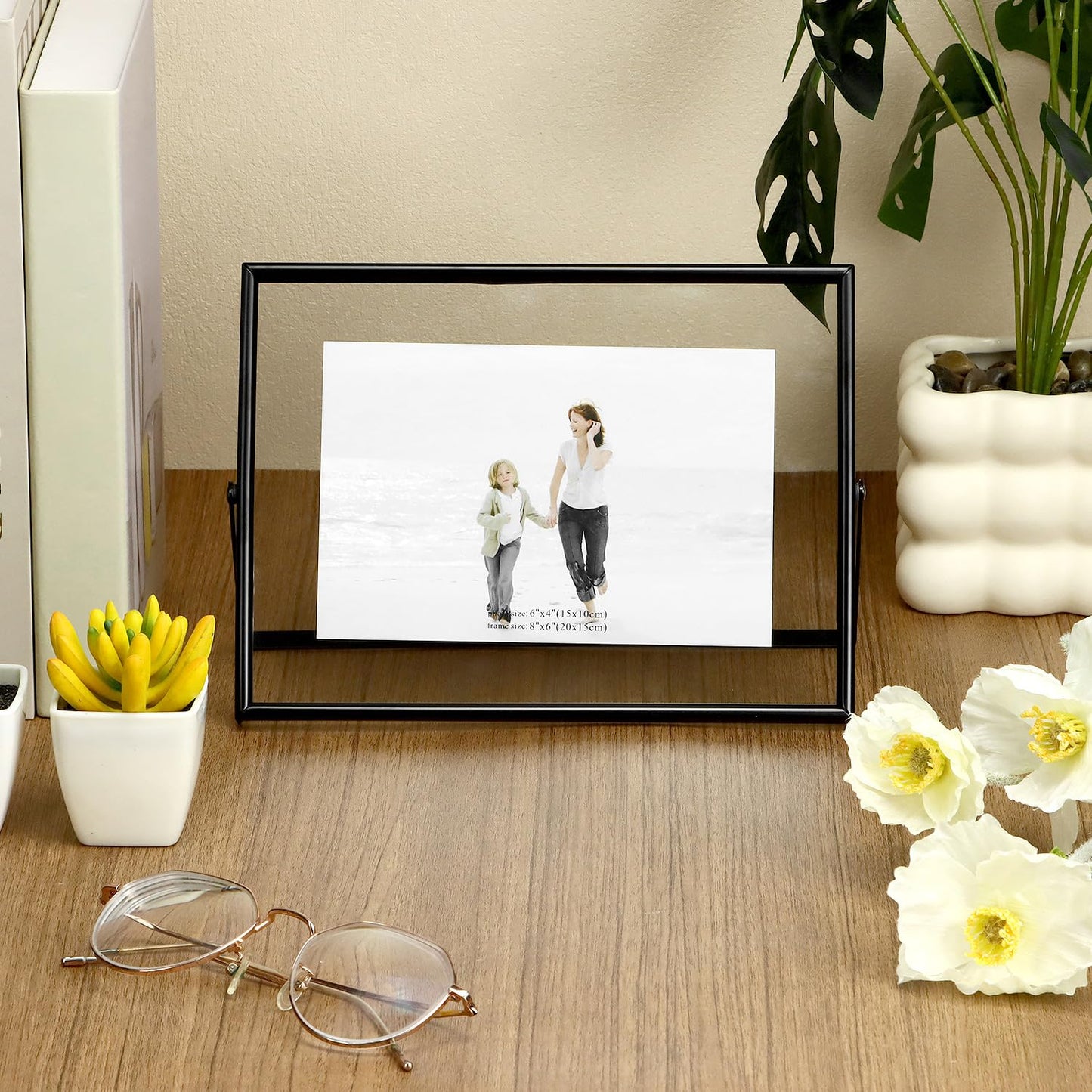 QWORK 6x8 Inch Black Floating Picture Frame Horizontal, Fits 5x7 4x6 3x5 Photos, Glass Double Panel Metal Frame for Tabletop Display