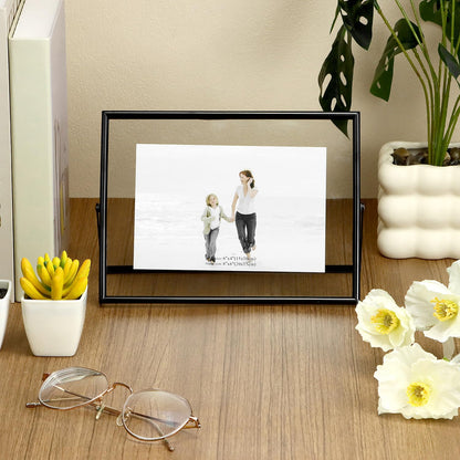 QWORK 6x8 Inch Black Floating Picture Frame Horizontal, Fits 5x7 4x6 3x5 Photos, Glass Double Panel Metal Frame for Tabletop Display