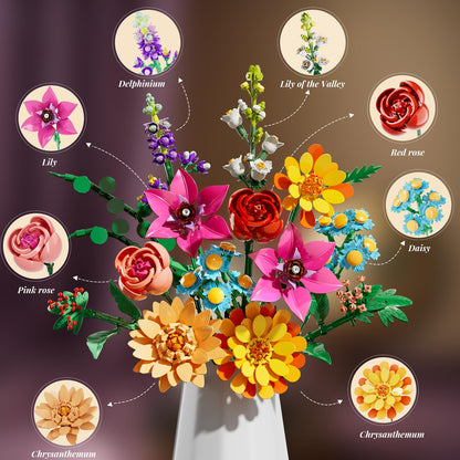 Utbttor Flowers Bouquet Building Set,891PCS Artificial Plant Flower Kit Toy for Kids, Artificial Flowers Botanical Collection for Women Girls, Gifts for Mother's Day, Christmas & Home Decor