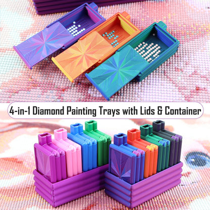 Diamond Painting Trays with Lid, 4Pcs Diamond Art Tray with 4 Compartments Diamond Painting Storage Organizers Case, Tweezers, Brushes, 16pcs Ziplock Pouches Bags for Diamond Art Kit (Blue Purple)