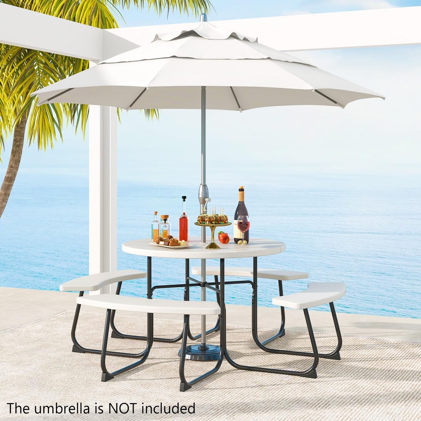 HAPPYGRILL 8-Person Picnic Table Bench Set with Umbrella Hole, 43” Outdoor Dining Table w/4 Benches, Wood-Like Texture Tabletop, Stable U-Shaped Base, Round Table for Backyards, White