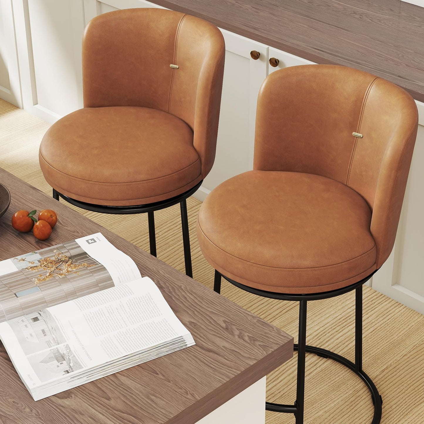 SAECKBERG Swivel Counter Height Bar Stools Set of 4, 26" H Modern Bar Stools for Kitchen Island Counter, Upholstered Barstools with Backs, Counter Height Chairs （Brown, Faux Leather）