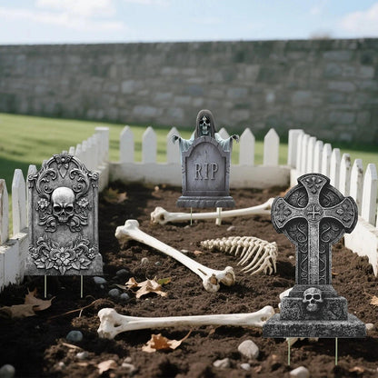 Heyigrow Halloween Death Tombstone Yard Signs, 6 Pcs Spooky Skeleton Skull Outdoor Decoration for Lawn Cemetery Graveyard