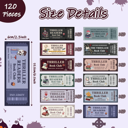 Laffact Halloween Thriller Book Club Bookmarks - 120 Horror Ticket Style Reading Tracker, Double-Sided Page Marker, Thanksgiving Christmas Birthday Bookish Gifts for Book Lover Rewards School Library