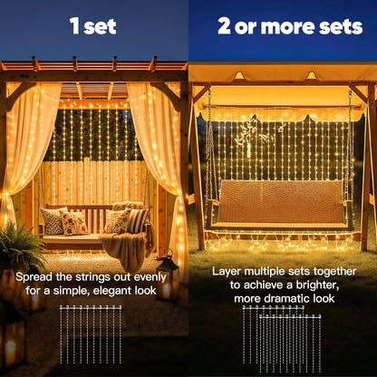 Suddus Solar Curtain Lights - 200 LED Tangle-Free Waterproof Hanging Lights for Christmas & Events | Warm White
