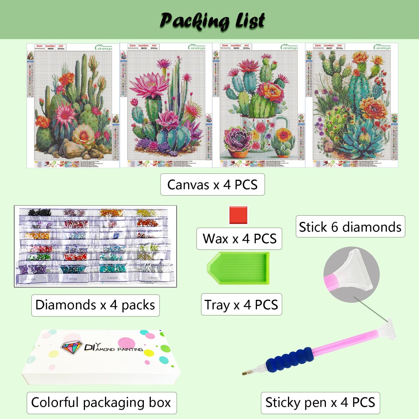 Lanzeyo Diamond Painting Kits for Adults, Adult Hand Crafts Diamond Art Kits, Succulent Diamond Dots Kits, Gem Art for Living Room Wall Art (Succulent)