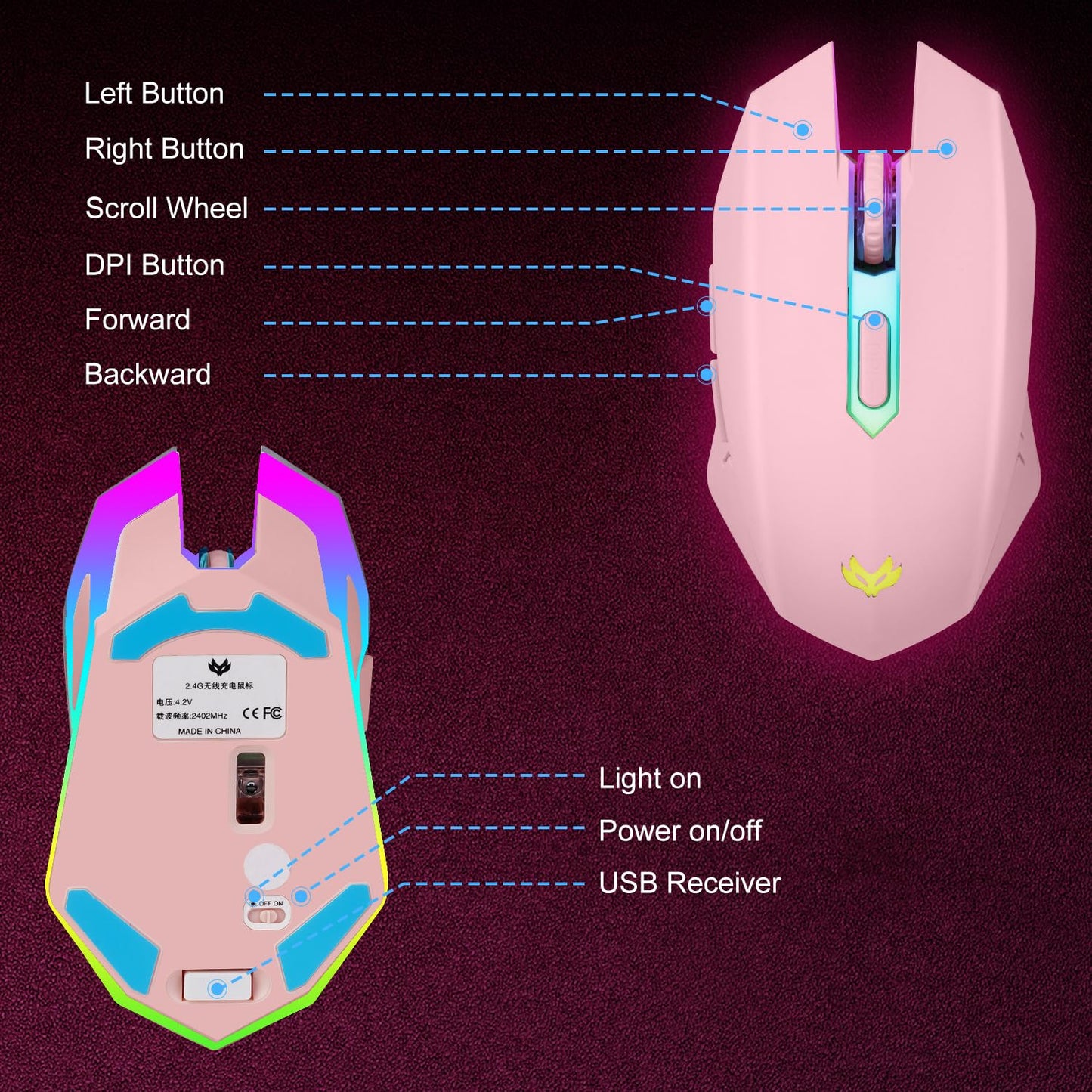 Wireless Gaming Mouse, Rechargeable Wireless Computer Mouse, 7-Color LED Light, Ergonomic Mouse with 6 Silent Click Buttons, 3 Adjustable 2400 DPI Wireless Mouse for Laptop,PC,Mac, Black