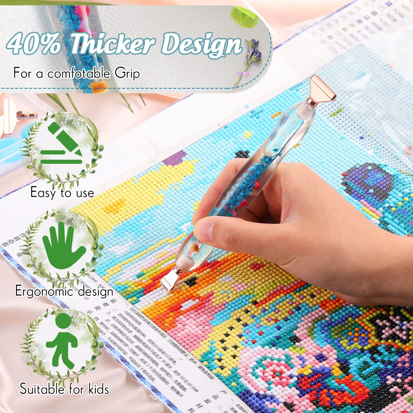 Geyoga 23 Pcs Flower Diamond Painting Art Drill Tool Pen Kits Resin for Adults with Rose Gold Pen Tips Preppy DIY Diamond Arts Pens Accessories Nail Art Embroidery Decoration