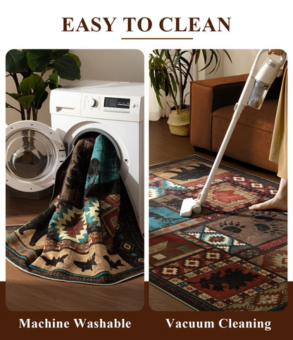 YIHOUSE Rustic Cabin Area Rug 5x7,Machine Washable Lodge Bear Rug,Non-Slip Low Pile Print Pattern Southwestern Rug for Living Room Bedroom