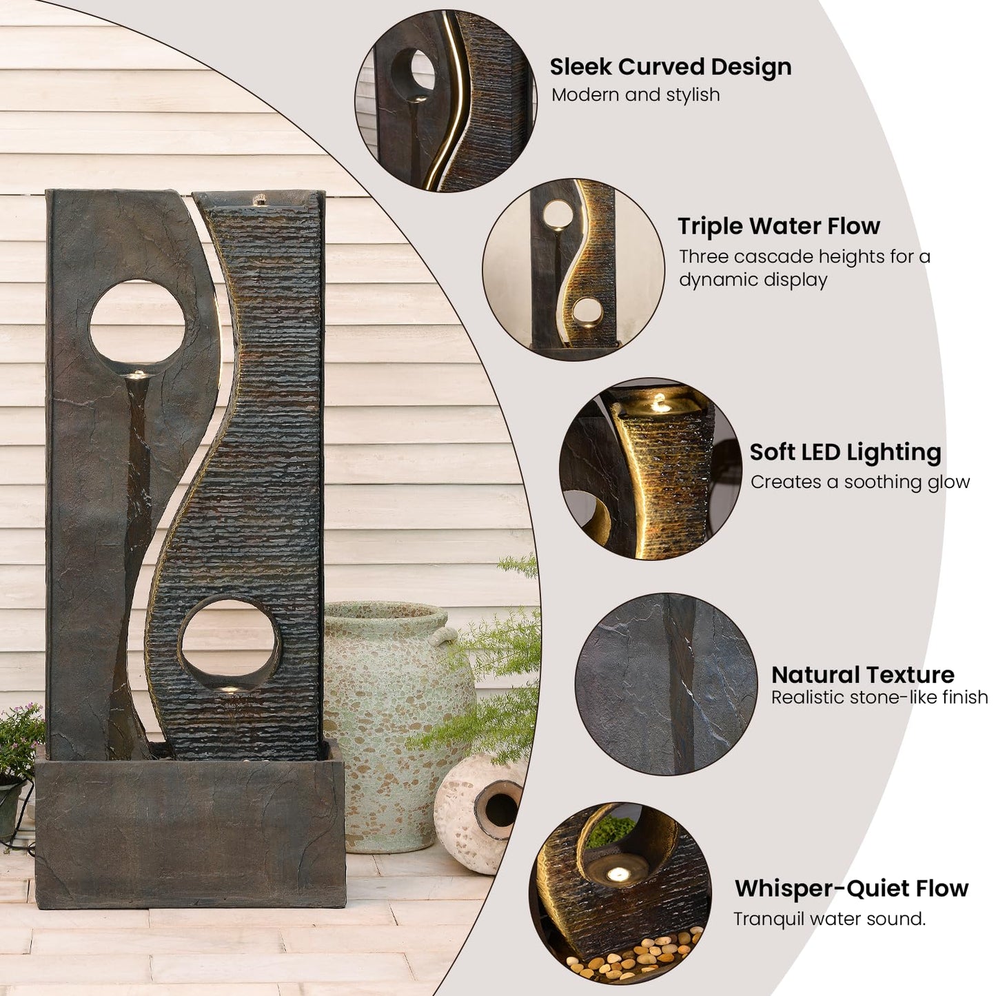 Tankana 47 inches Outdoor Water Fountain Garden Waterfall Indoor Large Water Feature Freestanding Fountains with LED Strips, Three spouts for Patio Backyard Deck Porch Home Decor, Dark Gray