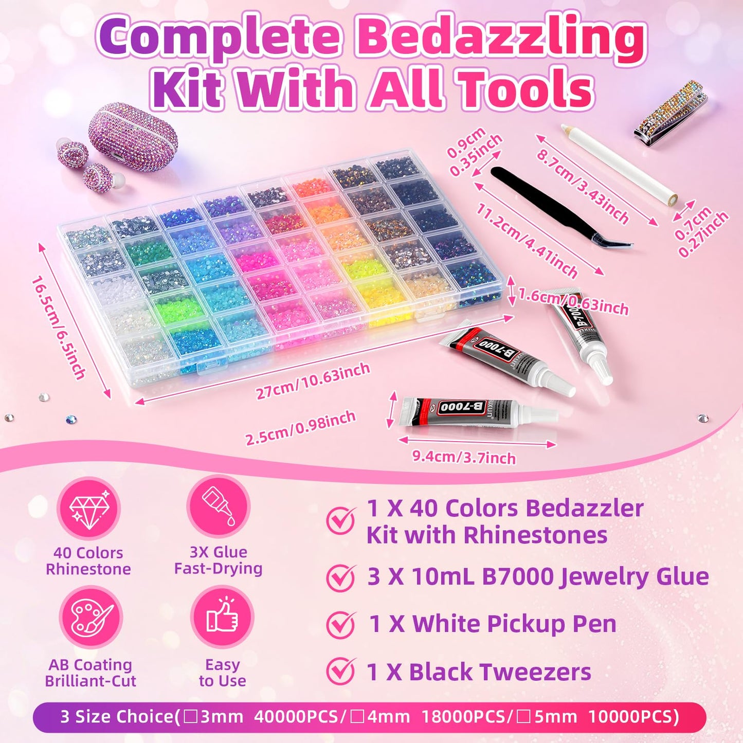 40000Pcs 40 Colors Resin Jelly Rhinestones Kit, 3mm Flatback Rhinestones with 3Pcs B7000 Jewelry Glue & Tools, Bedazzler Kit with Rhinestones, All-in-One Bedazzling Kit for DIY Arts & Crafts Gifts