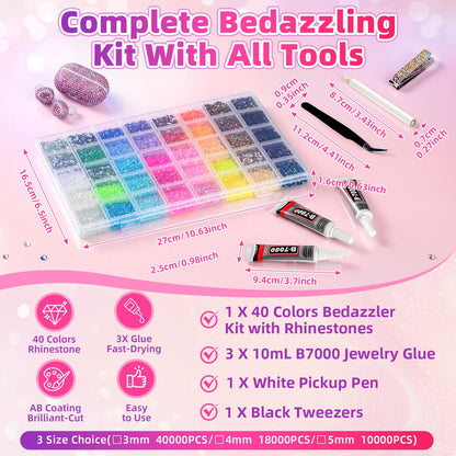 40000Pcs 40 Colors Resin Jelly Rhinestones Kit, 3mm Flatback Rhinestones with 3Pcs B7000 Jewelry Glue & Tools, Bedazzler Kit with Rhinestones, All-in-One Bedazzling Kit for DIY Arts & Crafts Gifts