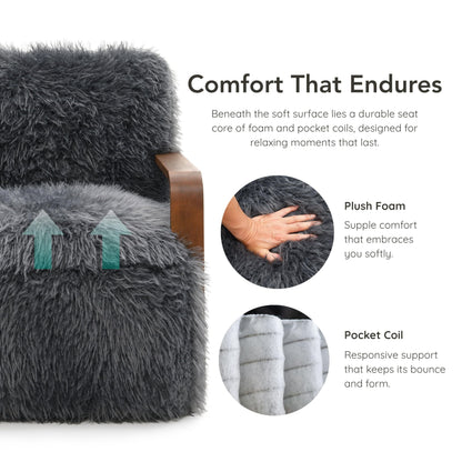 Furniture of America Ramos Modern Lounge Chair with Ultra Soft Faux Fur, Long-Haired Accent Sofa, Tight Seat and Back Single Couch, Fluffy Living Room Seating, No Assembly Needed, Charcoal Gray