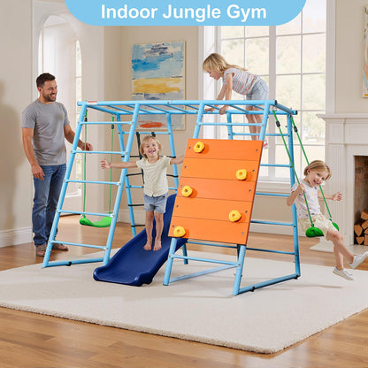 YuAnWe 6 in 1 Indoor Playground, Metal Jungle Gym with Climbing Wall, Slide, Monkey Bars, Rope Ladders and Two Swings, Playset for Kids Ages 3-12