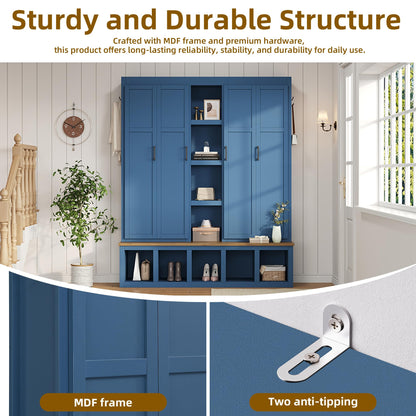 Virubi 4-in-1 62.9" Wide Hall Tree with Bench and Shoe Storage, Farmhouse Wood Entryway Bench with Coat Racks, Doors, 6 Hooks and Storage Shelves for Living Room (Blue)