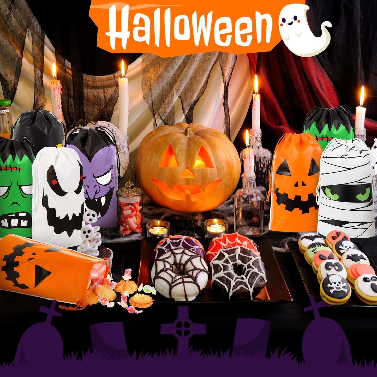 Sanwuta 60 Pcs Halloween Drawstring Treat Bags Reusable Trick or Goody Candy Drawstring Bags Halloween Party Favors Bulk for Trick or Goody Party Favors Supplies